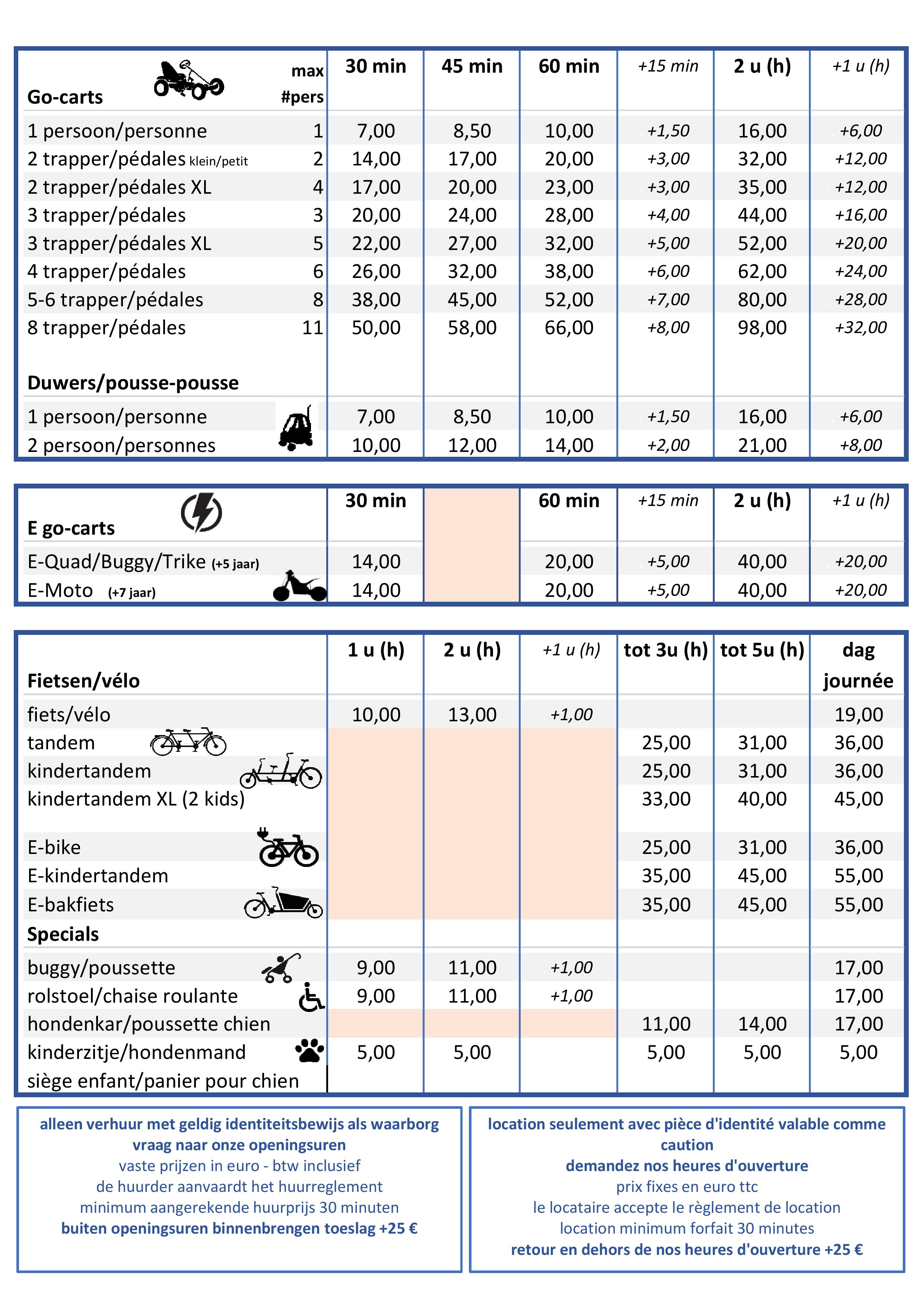 Prijslijst gocarts en fietsen Nico Fun On Wheels